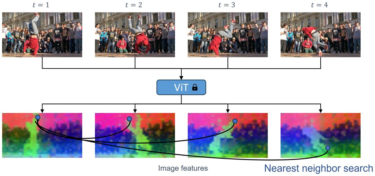 Video tracking: a point in the first frame is found in later frames by nearest-neighbour search on dense features.