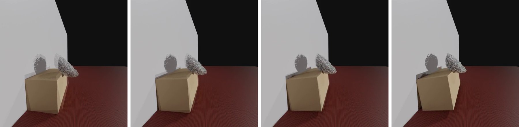 Four frames of a simulated rollout: the particle gel pushes a box near a wall and turns it step by step toward a semi-transparent target pose.