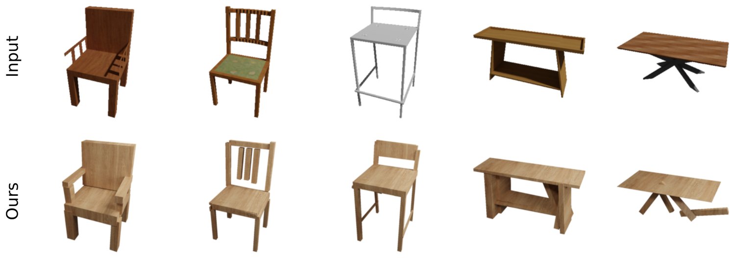 Failure cases: an armchair with a slatted side, a spindle-back chair and a bar stool lose or gain parts; a bench is mostly right; a table with crossed legs gets misplaced legs.