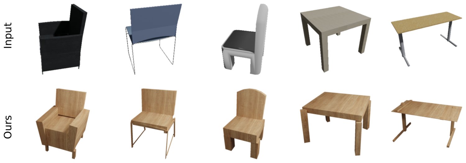 Chairs and tables seen from unusual angles, including from behind, and Img2CAD's CAD models.