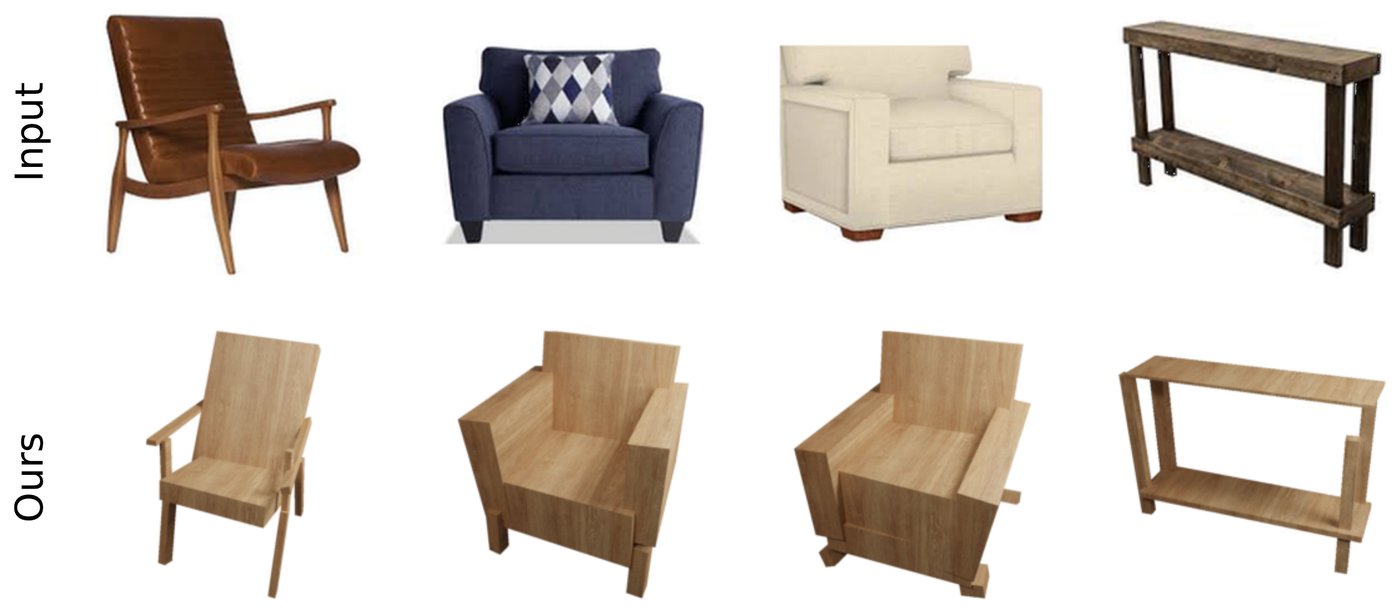 Online product photos of a leather lounge chair, two upholstered armchairs and a rustic console table, with Img2CAD's CAD models.
