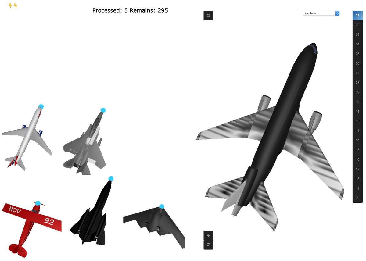 Screenshot of the web annotation tool: five labelled airplanes with a keypoint on the nose on the left, the next airplane on the right, and keypoint indices 01 to 20 in a column.