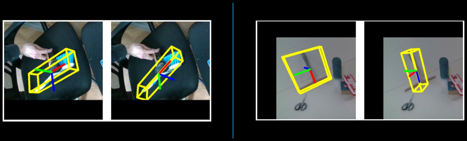Failure cases: a heavily occluded brush on a chair with a wrong box, and a thin pen with an ambiguous box.
