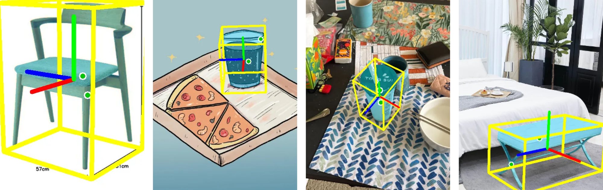 Predicted boxes on a product photo of a chair, a glass in an illustration, a cup on a cluttered table and a bench in a bedroom photo.